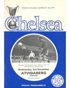 Chelsea v Atvidaberg, Sweden official programme 03/11/1971 Cup Winners Cup, token missing and hence half price