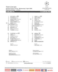 Chelsea v Barcelona official colour teamsheet 05/04/2000 Champions League