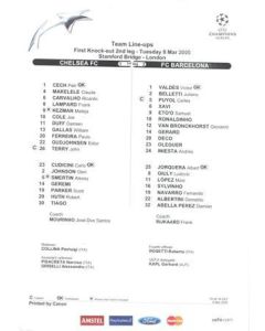 Chelsea v Barcelona official colour teamsheet 08/03/2005 Champions League