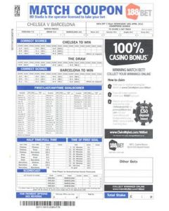 2012 Chelsea v Barcelona betting slip 18/04/2012 Champions League Semi-Final 1st Leg
