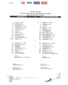 Chelsea v Bayern Munich official teamsheet 06/04/2005