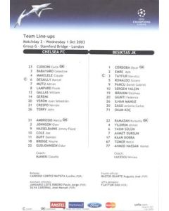 Chelsea v Besiktas Fishnets official colour teamsheet 01/10/2003 Champions League