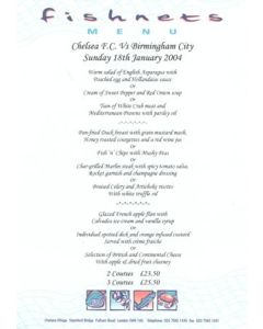Chelsea v Birmingham City Fishnets menu 18/01/2004 Premier League