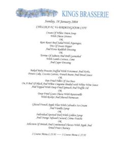 Chelsea v Birmingham City King's Brasserie menu 18/01/2004