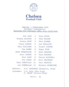 Chelsea v Birmingham City Reserves official programme 06/02/1982 Football Combination