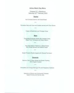 Chelsea v Blackburn Rovers Arkles menu 22/02/2003