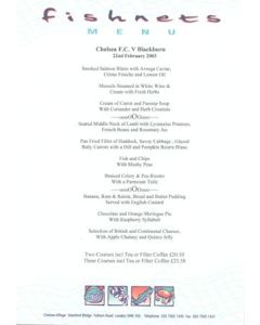 Chelsea v Blackburn Rovers Fishnets menu 22/02/2003
