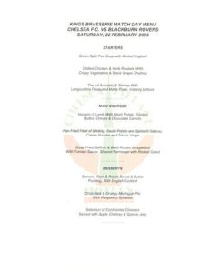 Chelsea v Blackburn Rovers King's Brasserie menu 22/02/2003