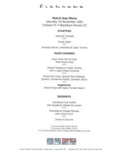 Chelsea v Blackburn Rovers Fishnets menu 24/11/2001