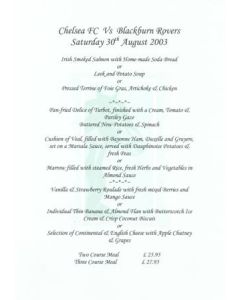 Chelsea v Blackburn Rovers Arkles menu 30/08/2003 Premier League