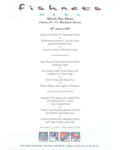 Chelsea v Blackburn Rovers Fishnets menu 30/08/2003 Premier League