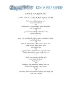 Chelsea v Blackburn Rovers King's Brasserie menu 30/08/2003 Premier League