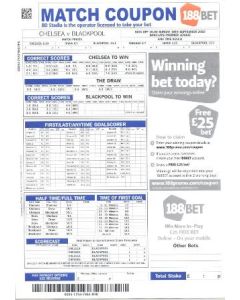 Chelsea v Blackpool betting slip 19/09/2010