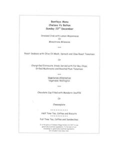 Chelsea v Bolton Wanderers Bentleys menu 23/12/2001 Premier League