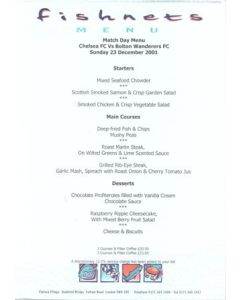 Chelsea v Bolton Wanderers Fishnets menu 23/12/2001 Premier League
