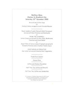 Chelsea v Bradford City Bentley's menu 23/12/2000