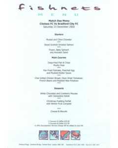 Chelsea v Bradford City Fishnets menu 23/12/2000