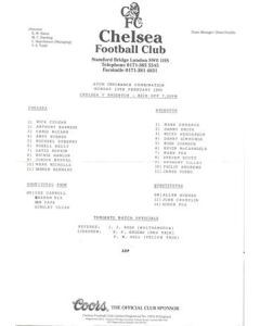Chelsea v Brighton Reserves official teamsheet 13/02/1995 Football Combination
