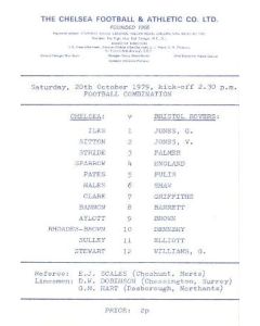 Chelsea v Bristol Rovers official programme 20/10/1979 Reserves