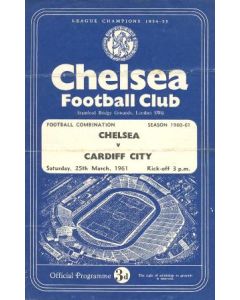 Chelsea Reserves v Cardiff City Reserves official programme 25/03/1961