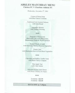 Chelsea v Charlton Athletic Arkles menu 05/12/2001