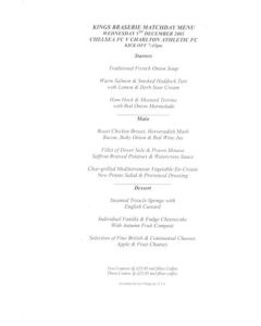 Chelsea v Charlton Athletic Kings Brasserie menu 05/12/2001