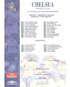 Chelsea v Charlton Athletic official colour teamsheet 05/12/2001 Premier League