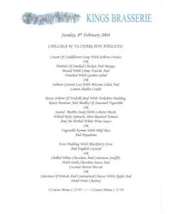 Chelsea v Charlton Athletic Kings Brasserie menu 08/02/2004 Premier League