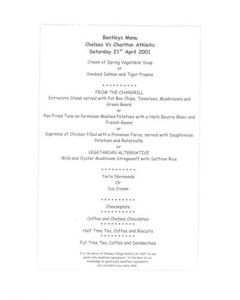 Chelsea v Charlton Athletic Bentley's menu 21/04/2001