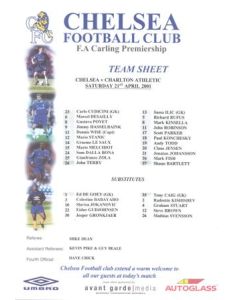 Chelsea v Charlton Athletic official colour teamsheet 21/04/2001 Premier League