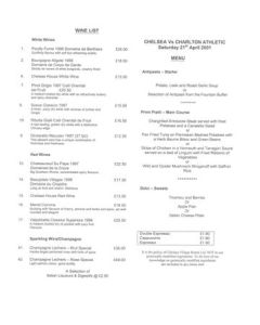 Chelsea v Charlton Athletic menu 21/04/2001