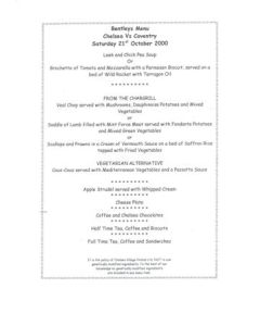 Chelsea v Coventry City Bentley's menu 21/10/2000