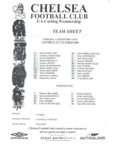 Chelsea v Coventry City official teamsheet 21/10/2000 Premier League