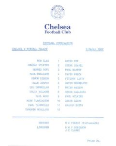 Chelsea v Crystal Palace Reserves official programme 03/03/1982 Football Combination
