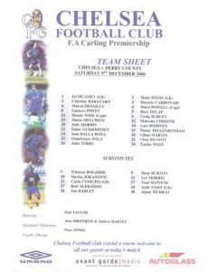 Chelsea v Derby County official colour teamsheet 09/12/2000 Premier League