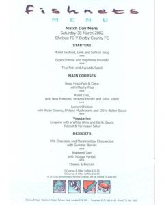 Chelsea v Derby County Fishnets menu 30/03/2002