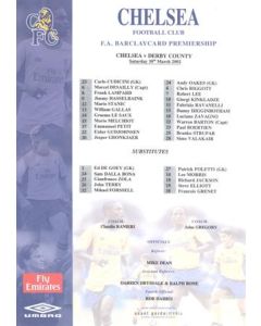 Chelsea v Derby County official colour teamsheet 30/03/2002 Premier League