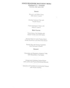 Chelsea v Everton Kings Brasserie menu 06/04/2002 Premier League