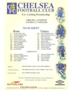 Chelsea v Everton official colour teamsheet 11/03/2000 Premier League