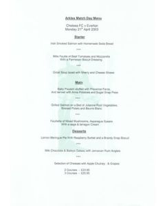Chelsea v Everton Arkles menu 21/04/2003