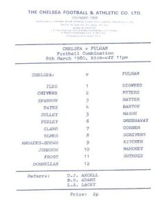 Chelsea v Fulham official programme 08/03/1980 Reserves