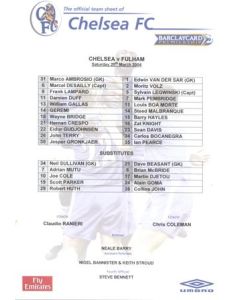 Chelsea v Fulham official teamsheet 20/03/2004 Premier League