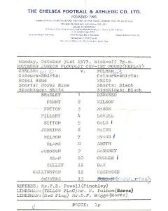 Chelsea v Fulham official programme 31/10/1977 Southern Junior Floodlit Cup, 1st Round, Replay