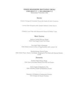Chelsea v Gillingham King's Brasserie menu 06/11/2002