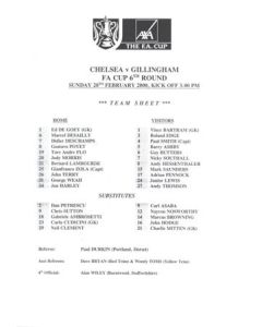 Chelsea v Gillingham official teamsheet 20/02/2000 F.A. Cup