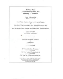 Chelsea v Hapoel Tel Aviv Bentley's menu 01/11/2001 UEFA Cup