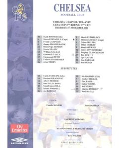 Chelsea v Hapoel Tel Aviv official colour teamsheet 01/11/2001 UEFA Cup