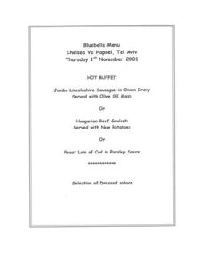 Chelsea v Hapoel Tel Aviv Bluebells menu 01/11/2001 UEFA Cup
