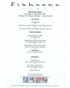 Chelsea v Hapoel Tel Aviv Fishnets menu 01/11/2001 UEFA Cup