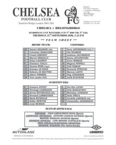 Chelsea v Helsingborg teamsheet 17/09/1998 Cup Winners Cup